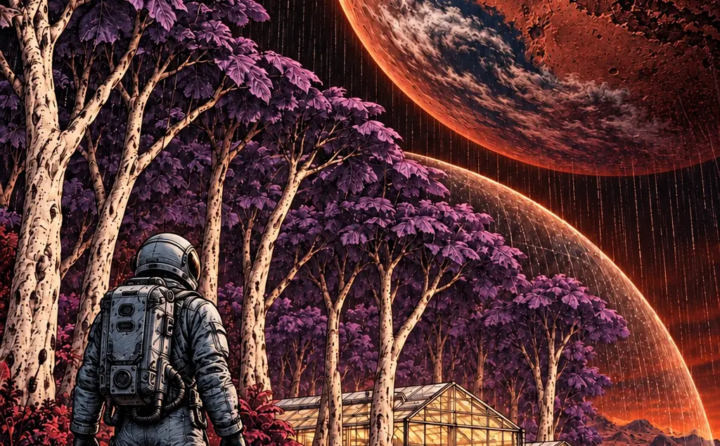 Black rain sheets across a violet forest beneath Mars and a shattered moon.