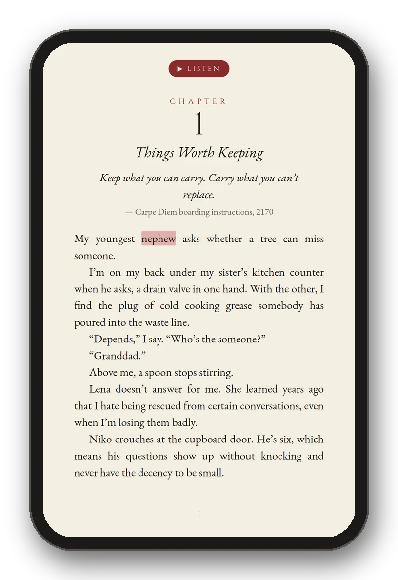 Chapter 1 of Red Moon open in Apple Books on an iPhone, with the spoken word highlighted in red.