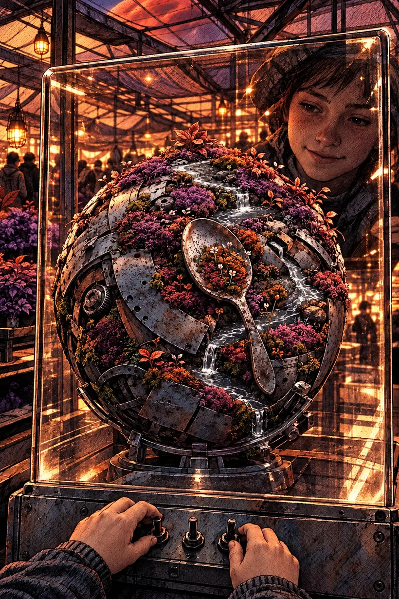A young woman studies a glowing glass terrarium in a lamplit grow-hall.