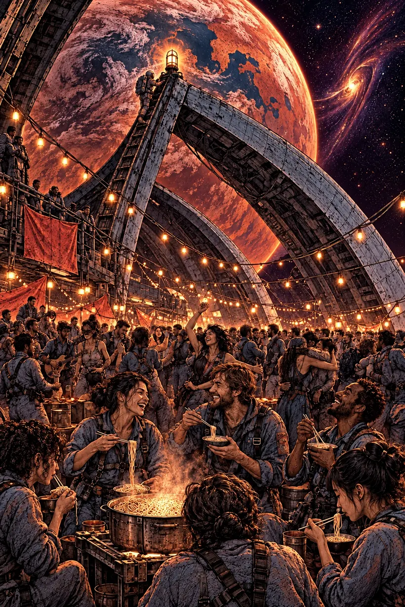 Crowds gather under strings of lights in New Haven at night, Mars rising behind the arches.