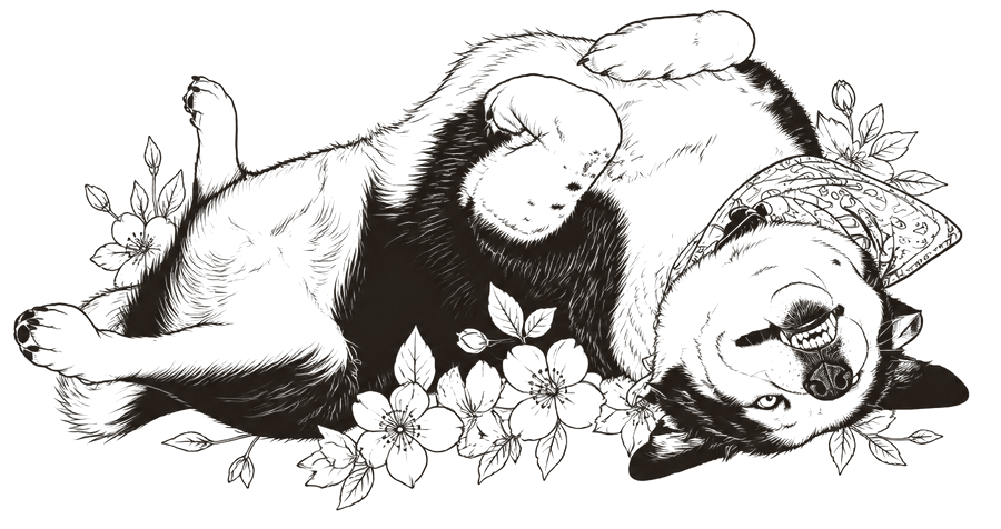 Drawing of Milo, a husky, lying among flowers