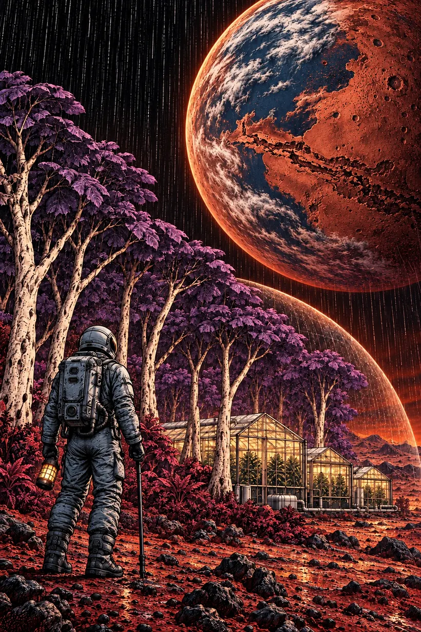 An astronaut stands in a violet forest as black rain falls beneath Mars and a cracked moon.
