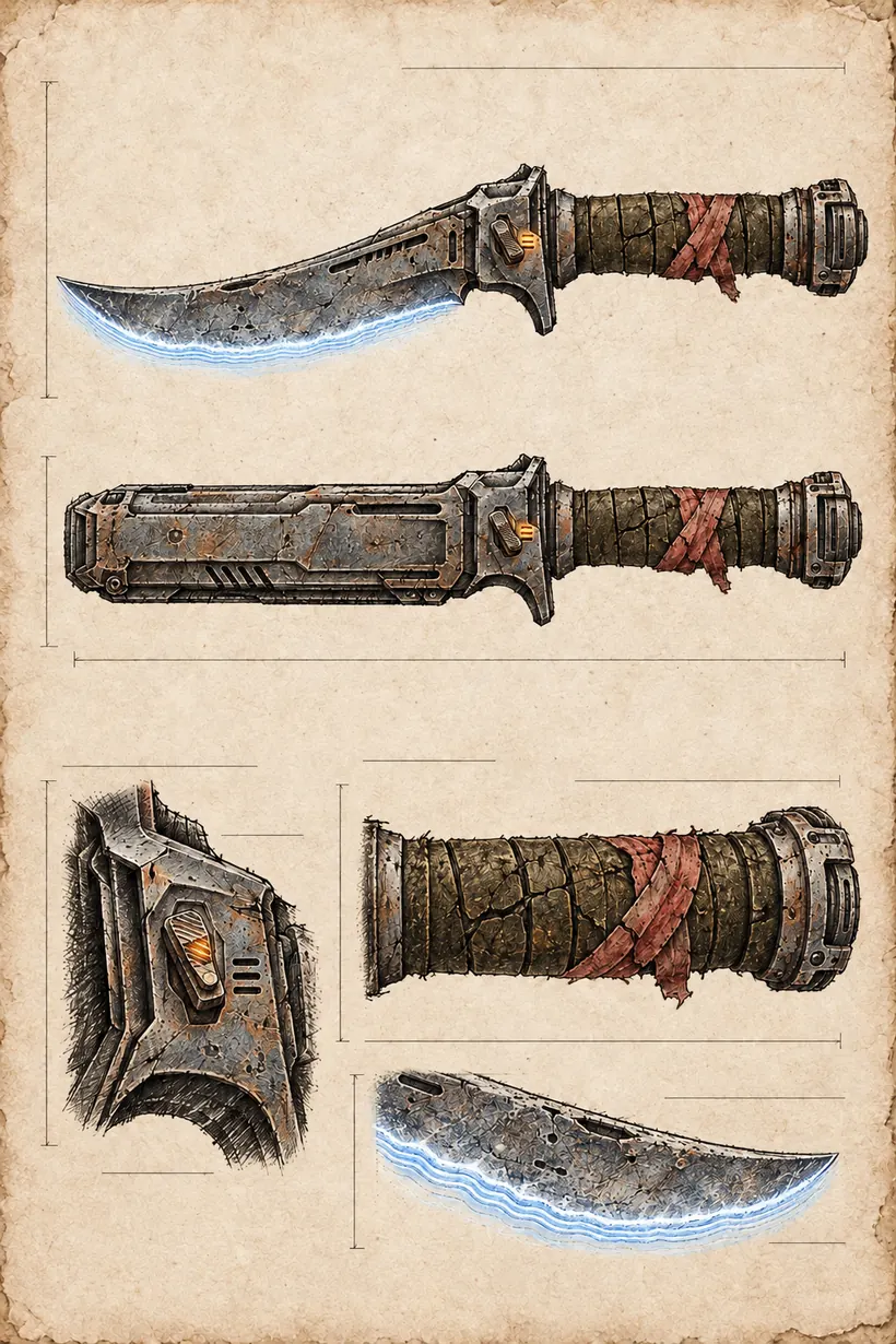 Field study of the Riftknife, a curved blade with a glowing edge.
